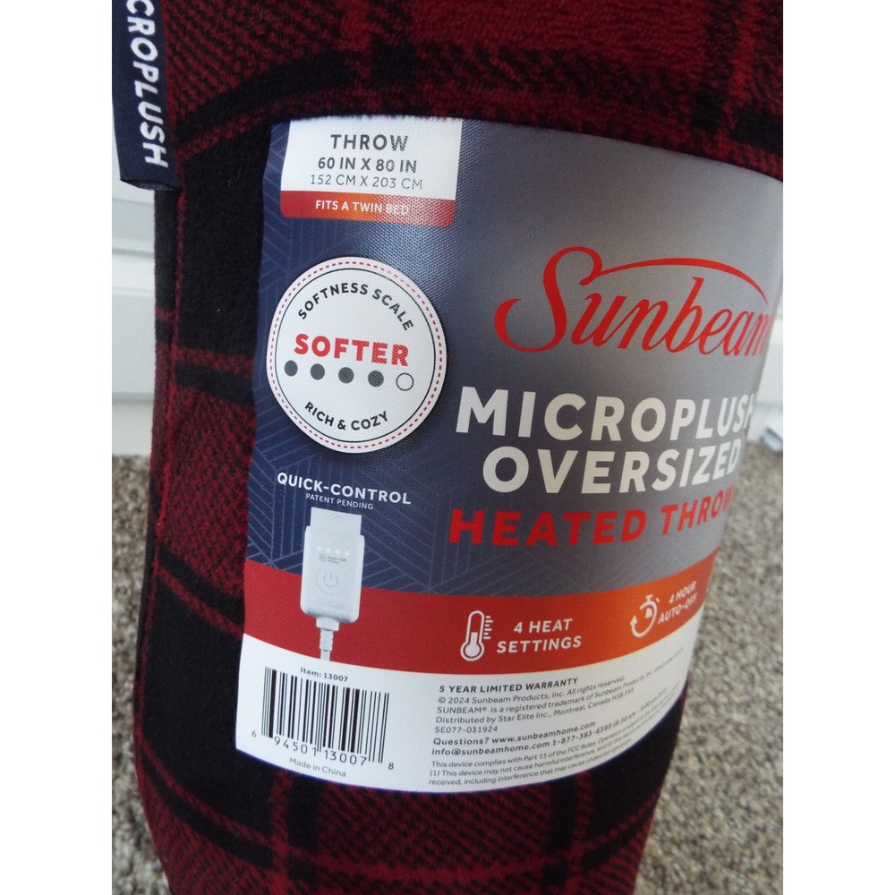 Sunbeam Microplush Oversized Heated Throw Red Black Plaid 60x80 NEW - Picture 2 of 3